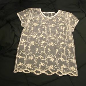 Summer sale// Sheer pink flower detail white tee